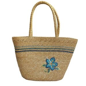 VTG Straw Floral Embroidered Tote Coastal Flower Cottagecore Beach Market Bag